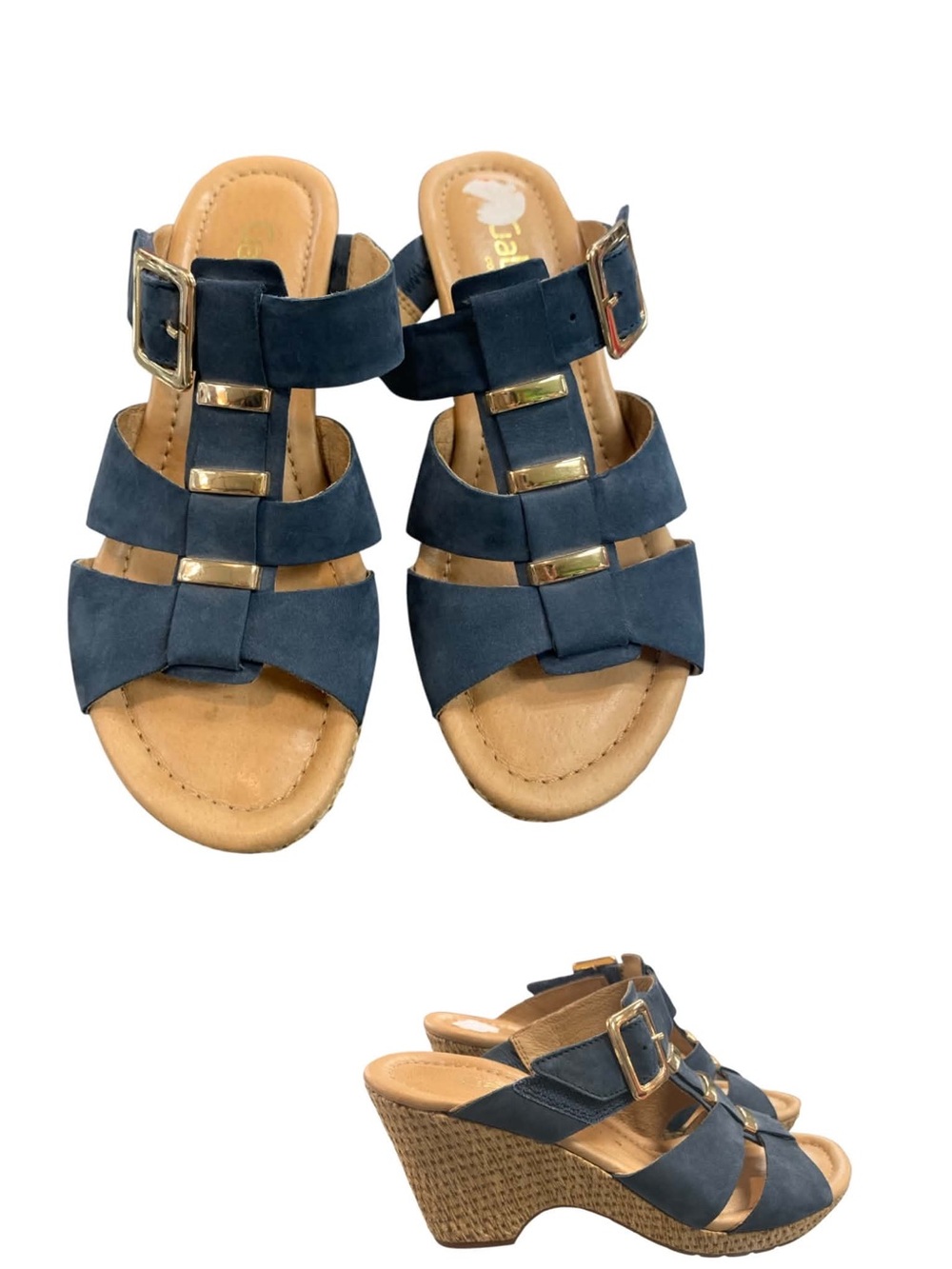 Gabor Navy Wedge Slide Sandals with Gold Buckle Accents S8